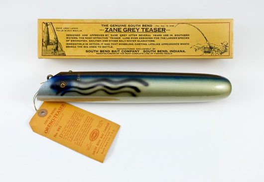 South Bend Bait Co. gifted this Zane Grey Teaser to the prolific Western author. In factory-sent condition, the large, hookless lure has a $2,000-$3,000 estimate. Image courtesy of Lang's Sporting Collectibles Inc.