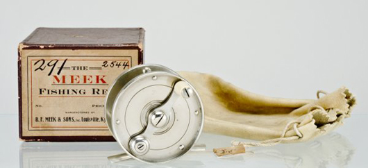 B.F. Meek & Sons introduced the Model No. 44 fishing reel around 1899. Made of German silver, this fine boxed example has an $8,000-$10,000 estimate. Image courtesy of Lang's Sporting Collectibles Inc.