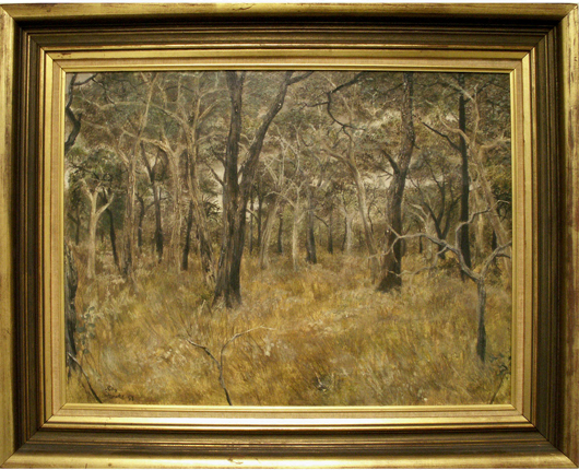 >Ray Austin Crooke (Australian, 1922-) signed and dated this painting 1958.  The 18- by 24-inch oil on Masonite composition is titled ‘Forest.’ The estimate is $7,000-$10,000. Image courtesy of William J. Jenack Estate Appraisers & Auctioneers.” title=”>Ray Austin Crooke (Australian, 1922-) signed and dated this painting 1958.  The 18- by 24-inch oil on Masonite composition is titled ‘Forest.’ The estimate is $7,000-$10,000. Image courtesy of William J. Jenack Estate Appraisers & Auctioneers.” class=”caption” /> <br /> <figure id=