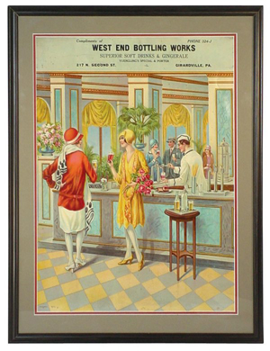 An advertising lithograph depicts an up-scale soda fountain of the 1920s. Image courtesy Rich Penn Auctions and Live Auctioneers Archive.