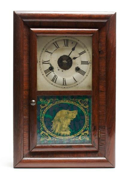 Seth Thomas wall clock with dog image. Estimate $100-$200. Image courtesy Leslie Hindman Auctioneers.