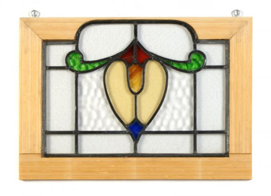 A pair of small leaded glass windows in Leslie Hindman's Marketplace Auction is attributed to Tiffany Studios and estimated at $1,000-$2,000. Image courtesy of Leslie Hindman Auctioneers.