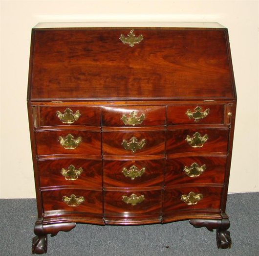 An estate in Connecticut yielded this early 19th-century Chippendale reverse serpentine slant-front desk. With replaced feet, the desk has a $2,000-$4,000. Image courtesy of Professional Appraisers & Liquidators.