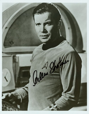 Actor William Shatner is pictured as Capt. James T. Kirk in the 'Star Trek' television series. The autographed photo will be offered in a memorabilia auction Oct. 25 by Signature House, Bridgeport, W.Va. LiveAuctioneers.com will provide Internet live bidding. Image courtesy of Signature House and Live Auctioneers Archive.