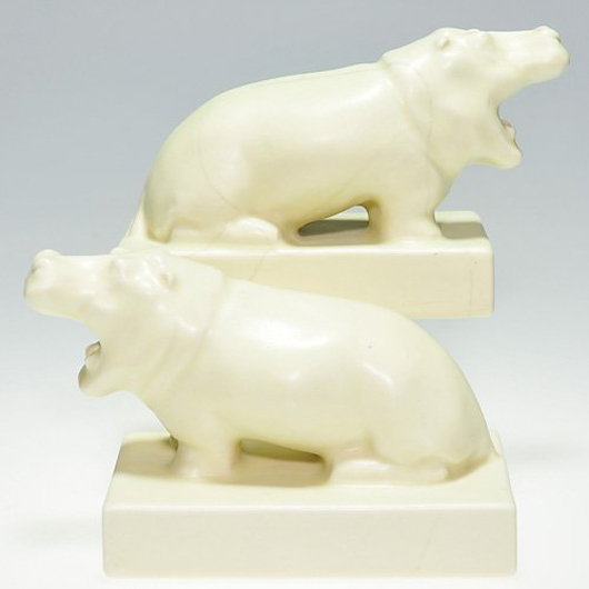 Cast in 1933 and covered with Ivory Mat Glaze, these Rookwood Hippopotamus bookends are scarce. Designed by Arthur Conant, the pair has a conservative $400-$600 estimate. Image courtesy of Cincinnati Art Galleries.