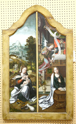 ‘The Annunciation’ and the ‘Rest on the Flight into Egypt’ are depicted on this oil on panel diptych from the workshop of Dutch master Pieter Coeke van Aelst the Elder. Image courtesy of Clars Auction Gallery.