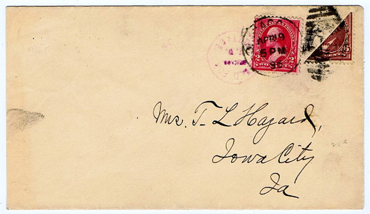 Part of a large gathering of bisects, this scarce 1895 postal cover shows the interesting use of stamps cut in half to arrive at odd denominations. Estimate $175-$225. Image courtesy Cohasco Inc.