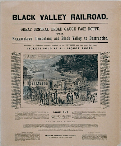 Rare post-Civil War temperance poster, advertising a fictitious - and forbidding - journey through a landscape fueled by alcohol. “Via Beggarstown, Demonland, and Black Valley, to Destruction....” Issued by American Seamen’s Friend Society, N.Y. Estimate $1,000-$1,250. Image courtesy Cohasco Inc.