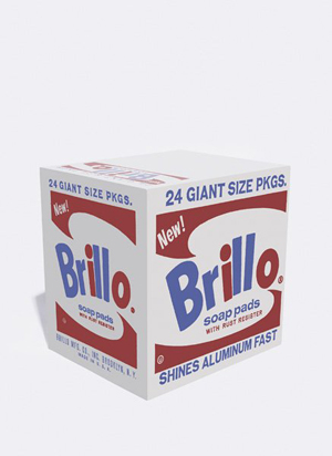 Andy Warhol’s ‘Brillo Box’ is silkscreen ink and house paint on plywood. It measures 17 inches by 17 inches by 14 inches. Image courtesy of Phillips de Pury & Co.