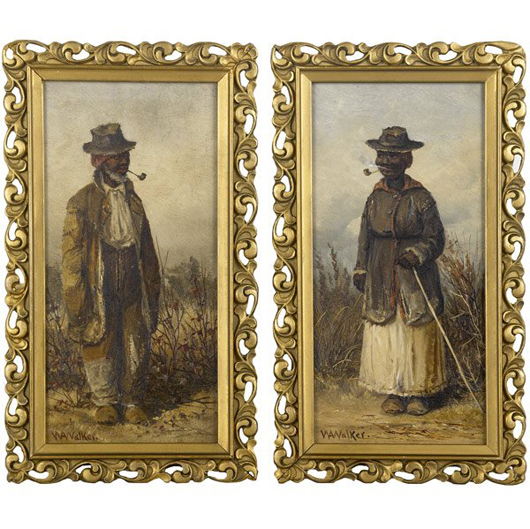 A pair of oil on board paintings, ‘Male and Female with Corn Pipes,’ by William Aiken Walker has an $8,000-$12,000 estimate. Image courtesy of Rago Arts and Auction Center.