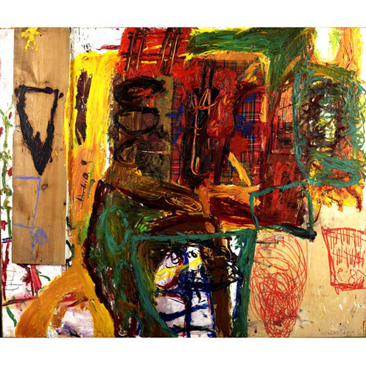 Anton Henning (German, b. 1964) titled this mixed media work in oil, cloth, wood and metal on plywood ‘Amazing Grace.’ The 1988 work is 55 1/2 inches by 67 inches and has a $12,000-$18,000 estimate. Image courtesy of Rago Arts and Auction Center.