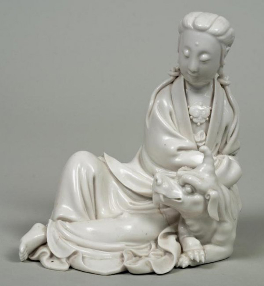 Antique Chinese Dehua porcelain figure of Guanyin, Possibly Ming Dynasty, estimate $2,000-$3,000. Image courtesy LiveAuctioneers.com and Millea Bros. Ltd.