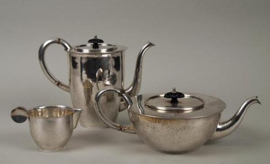 Important German avant-garde silver tea set by Paula Straus, circa 1926, comprising teapot, coffee pot and creamer, each marked no. 13024 with maker's mark and .835 standard, estimate $10,000-$15,000. Image courtesy LiveAuctioneers.com and Millea Bros. Ltd. 