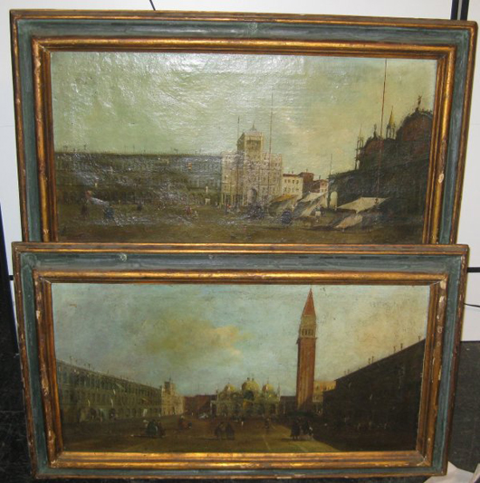 Two oil paintings after Francesco Guardi (Italian, 1712-1793) will sell as a single lot estimated at $4,000-$6,000. They are 17 1/2 inches by 33 inches. Image courtesy of Tepper Galleries.
