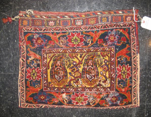 More than 100 rugs and textiles will be offered at the auction. This Afshar bag from South Persia dates to the turn of the 20th century.  It is 21 inches by 25 1/2 inches and has an $800-$1,200 estimate. Image courtesy of Tepper Galleries.