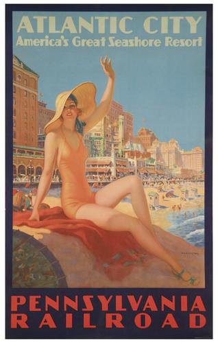 The Pennsylvania Railroad transported tourists to Atlantic City in comfort. Edward M. Eggelston’s color lithograph, 40 inches by 25 inches, has an $8,000-$12,000 estimate. Image courtesy Bloomsbury Auctions.