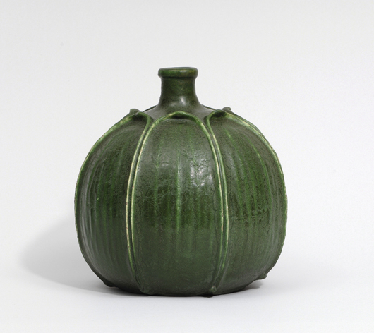 This rounded Grueby vase, circa 1900-1909, is on display in the exhibition titled A Spirit of Simplicity: American Arts and Crafts from the Two Red Roses Foundation, running through January 3, 2010 at the Flagler Museum in Palm Beach. Courtesy Flagler Museum.