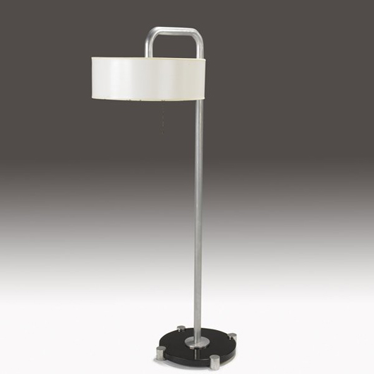 Donald Deskey aluminum and black laminate floor lamp, $15,860. Image courtesy Sollo Rago Modern Auctions.
