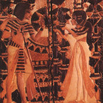 Tutankhamun receives flowers from his queen, Ankhesenamun. The image is on the lid of a box found in Tut's tomb. Courtesy of Wikimedia Commons.