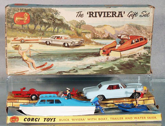 Ready for a day at the lake, Corgi’s GS 31 The Riviera set consists of a Buick, speedboat, trailer and two figures, one on water skis. Estimated at $200-$300, the set has churned up considerable interest. Image courtesy Lloyd Ralston Gallery.