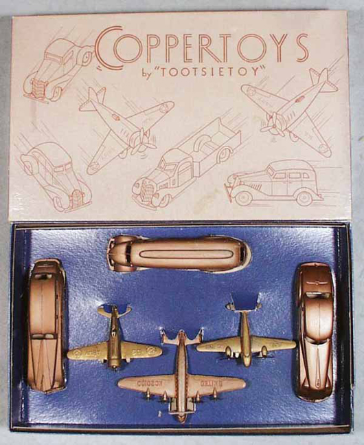 Tootsietoy issued the 450X Coppertoys set in 1938. The six-piece copper-color set in its original box has a $2,000-$4,000 estimate. Image courtesy Lloyd Ralston Gallery.