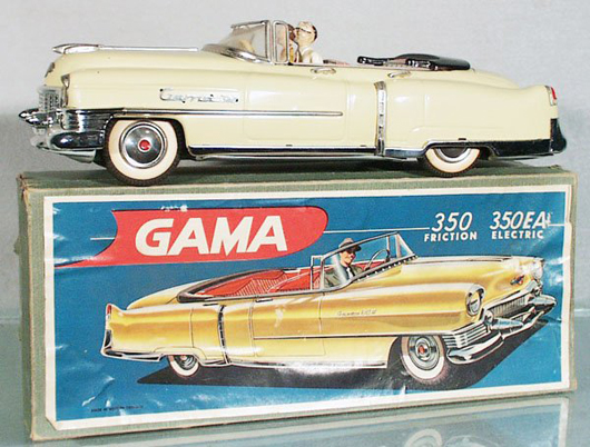 Composition figures ride in style with this 1950 Cadillac convertible by Gama of West Germany. The 12-inch tin litho Caddy with working friction drive has a $2,000-$2,500 estimate. Image courtesy Lloyd Ralston Gallery.