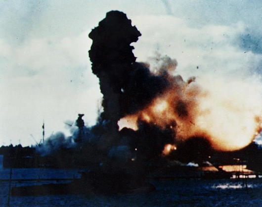 The only known photo of the USS Arizona during the Japanese attack on Pearl Harbor, Hawaii, Dec. 7, 1941.