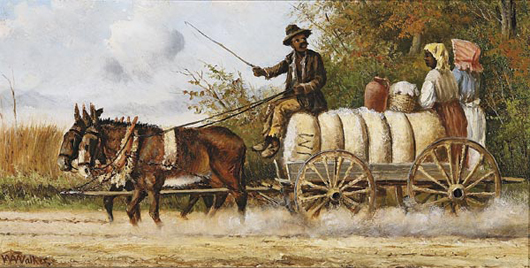 American genre artist William Aiken Walker was active in New Orleans from 1876-1905 before returning to his native South Carolina. His painting titled ‘Cotton Pickers with Wagon and Bales,’ is 6 1/4 inches by 12 1/4 inches. It sold within estimate at $45,410. Image courtesy of Neal Auction Co.