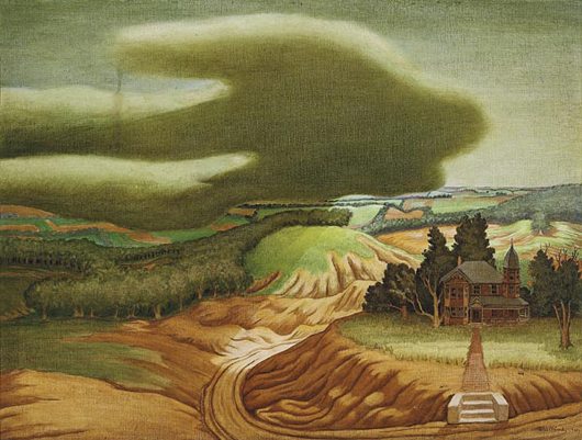 John McCrady (American/Mississippi, 1911-1968) painted this ominous landscape titled ‘Sic Transit’ in 1940. The painting, which measures 27 inches by 36 inches, sold within estimate for $107,550. Image courtesy Neal Auction Co.