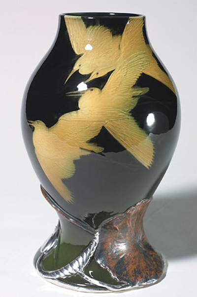Rare and highly important Rookwood Black Iris glaze vase designed in 1900 by Kataro Shirayamadani, possibly for the Paris Exposition, 14 1/2 inches tall. Sold for $305,000 on June 6, 2004 at Cincinnati Art Galleries. Image courtesy LiveAuctioneers.com Archive and Cincinnati Art Galleries.