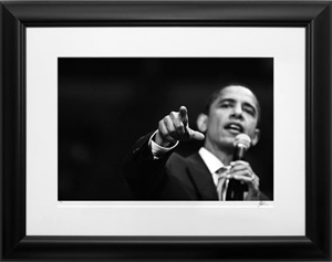 Silver gelatin original photograph of Barack Obama addressing a crowd in Chapel Hill, N.C., in 2007, before he received the Democratic Party's nomination for President. Photo is one of an edition of 50. Copyright Jesse Kalisher.