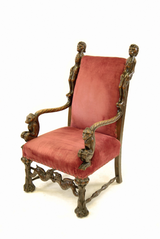 This amusing carved wood Evolution Chair, commemorating the infamous trial of a Tennessee schoolteacher in 1925 for teaching Darwinian theory to his pupils, is estimated at £200-300 ($335-500) at Woolley & Wallis's Salisbury salerooms.