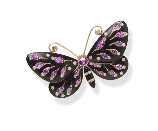 This antique pink sapphire, diamond and black enamel butterfly brooch, American, circa 1900, will be on the stand of jewelery dealers Hancocks at the Winter Fine Art & Antiques Fair at Olympia, Nov. 16-22.