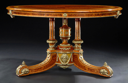 London dealers Butchoff Antiques will be exhibiting this fine exhibition quality 19th-century center table, circa 1860, by Holland & Sons, at the Winter Fine Art & Antiques Fair at Olympia.