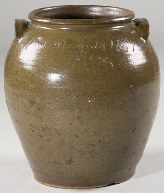 Rare Edgefield District pottery by Dave the Slave, like this 5-gallon jar, is rare. This piece dated 1857 and has a $20,000-$30,000 estimate. Image courtesy Leland Little Auction & Estate Sales Ltd.
