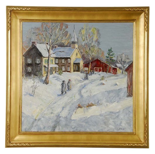 Walter Emerson Baum (Bucks County, Pa., 1884-1956), oil-on-board winter scene with people, 28 7/8 inches by 29¼ inches. Estimate $30,000-$50,000. Image courtesy Dan Morphy Auctions.
