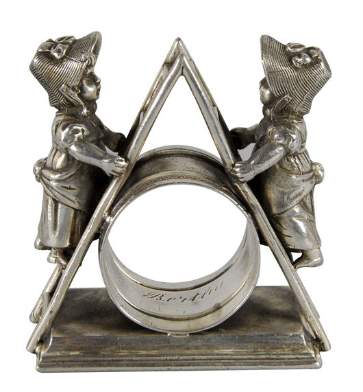 Double Kate Greenaway silver figural napkin ring, girls on ladder. Near mint. Estimate $2,500-$3,500. Image courtesy Dan Morphy Auctions.