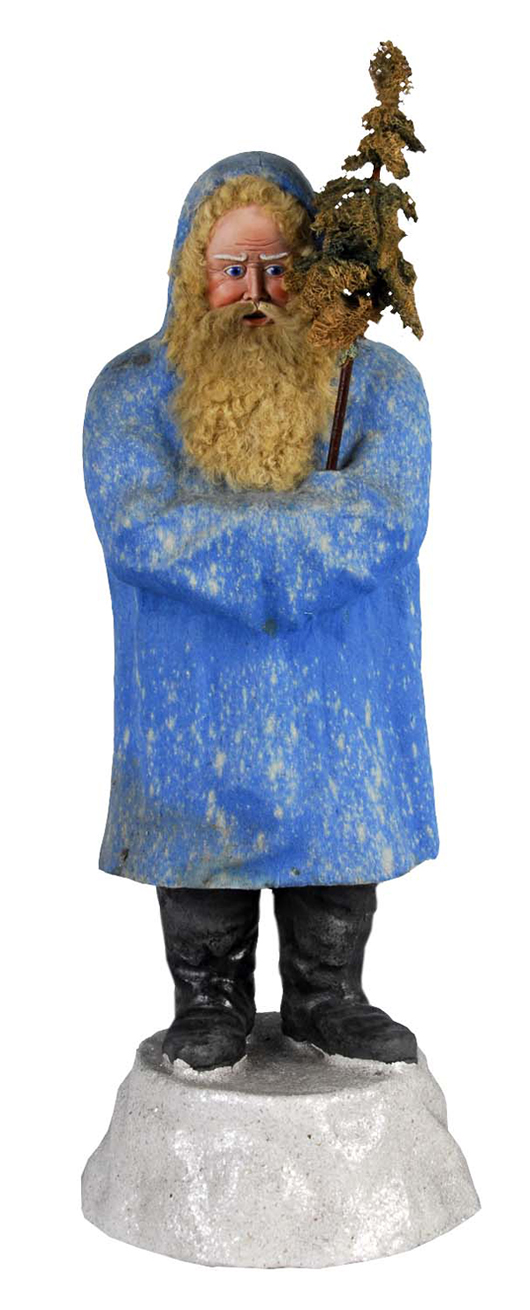 German Santa candy container in blue coat, 30 inches tall, with china face and rabbit-fur beard. Estimate $10,000-$15,000. Image courtesy Dan Morphy Auctions.