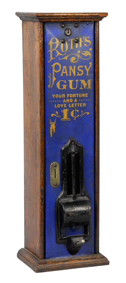 Circa-1900 Roth’s Pansy Gum dispenser, all original, in working order with key. Estimate $3,000-$5,000. Image courtesy Dan Morphy Auctions.
