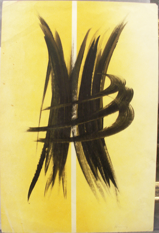 Hans Hartung (French, 1904-1989) created this untitled acrylic on airbrushed paper in the 1970s. It measures 17 5/16 inches by 11 9/16 inches and has an estimate of $1,800-$2,200. Image courtesy of William J. Jenack Auctioneers.