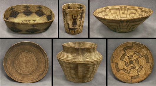 Estimates range from $200-$3,000 for American Indian woven baskets collected in the 1930s and ’40s by Orange County, N.Y., author and historian Thomas Henderson. Image courtesy of William J. Jenack Auctioneers.