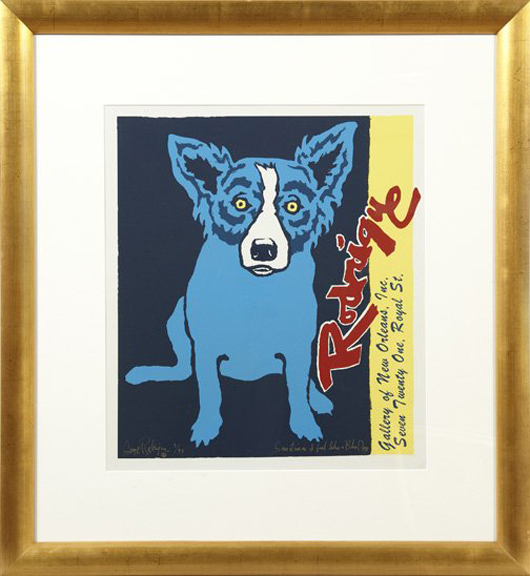 ‘Sometimes I Feel Like a Blue Dog,’ a 1990 silkscreen print by George Rodrigue, measures 24 inches by 21 1/2 inches. It has a $3,000-$5,000 estimate. Image courtesy New Orleans Auction Galleries.
