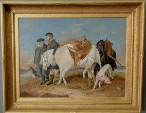 Scottish hunters with their pack horses and hounds are pictured in this 19th-century oil on canvas. The unsigned painting measures 26 inches by 33 1/2 inches. It is estimated at $4,000-$5,000. Image courtesy of Wiederseim Associates Inc.