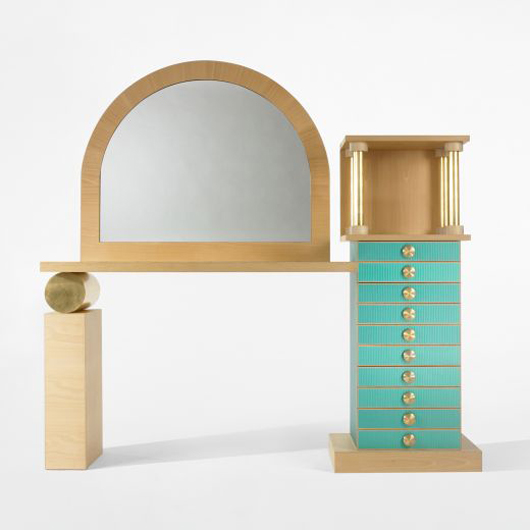 Ettore Sottsass, one of a kind custom console, 1997, maple veneer with solid maple edging, corrugated aluminum, Abet laminate, gold leaf, mirrored glass, turned brass. Custom-made as a gift for Lawrence Laske, a former student and friend of Ettore Sottsass. Estimate: $20,000–$30,000. Wright Important Design, Dec. 8, 2009. Image courtesy Wright.
