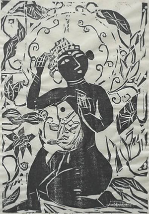 Shiko Munakata’s ‘Fish and Flower and Female Buddha’ was a Print Club of Cleveland issue in 1957. The 12 1/2- by 8 5/8-inch woodcut has a $3,000-$5,000 estimate. Image courtesy of Rachel Davis Fine Arts.