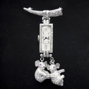 Fans of ‘Fantasia’ remember its troupe of dancing elephants in tutus. Cartier’s ‘Dance of the Hours’ watch was inspired by Disney’s 1940 animated feature. With a J. Schulz 17-jewel Swiss movement, this diamond and platinum lapel watch has a $16,000-$24,000 estimate. Image courtesy of Rago Arts and Auction Center.