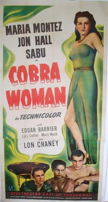 Universal’s ‘Cobra Woman’ from 1943 is a camp classic in Technicolor. Maria Montez played twin sisters – one good, one evil. This linen-backed three-sheet has a $1,000-$2,000 estimate. Image courtesy of Mid-Hudson Auction Galleries.