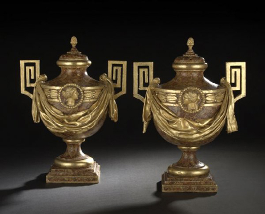 his handsome pair of Swedish faux-marble wooden vases in the Gustavian style dates the second quarter 19th century. They stand 23 inches high by 17 inches in diameter. The estimate is $4,500 by 17 inches. The estimate is $4,500-$7,000 estimate. Image courtesy New Orleans Auction Galleries Inc.