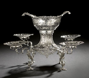 William Cripps produced this George III sterling silver epergne, which is hallmarked ‘London, 1762-1763.’ Standing 14 inches high by 24 inches in diameter and 19 inches deep, the epergne weights 101 3/4 troy ounces. It is expected to sell for $30,000-$50,000. Image courtesy New Orleans Auction Galleries Inc.