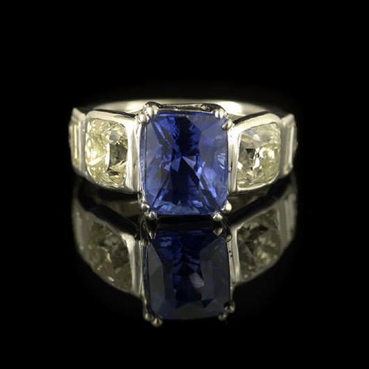 The Kashmir blue sapphire on this ladies platinum ring weights 5.13 carats. The supporting diamonds have a total weight of 3.38 carats. The ring carries a $15,000-$25,000 estimate. Image courtesy New Orleans Auction Galleries Inc.